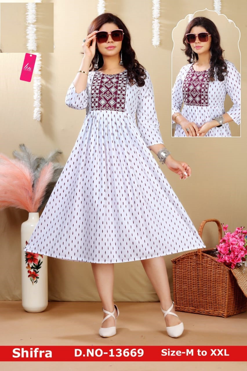 Shifra-White Jnx Rayon Anarkali Kurtis Exporter Gujarat