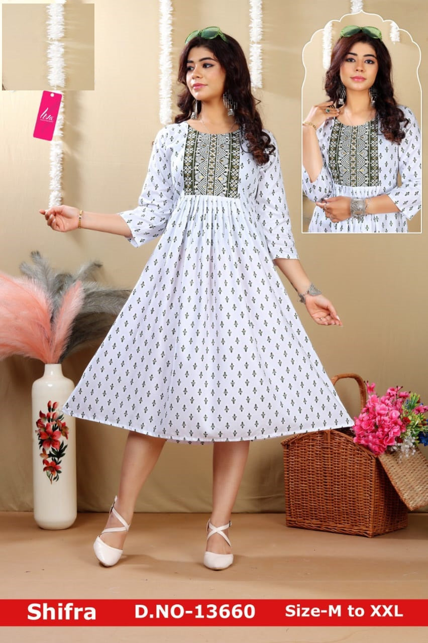 Shifra-White Jnx Rayon Anarkali Kurtis Exporter Gujarat