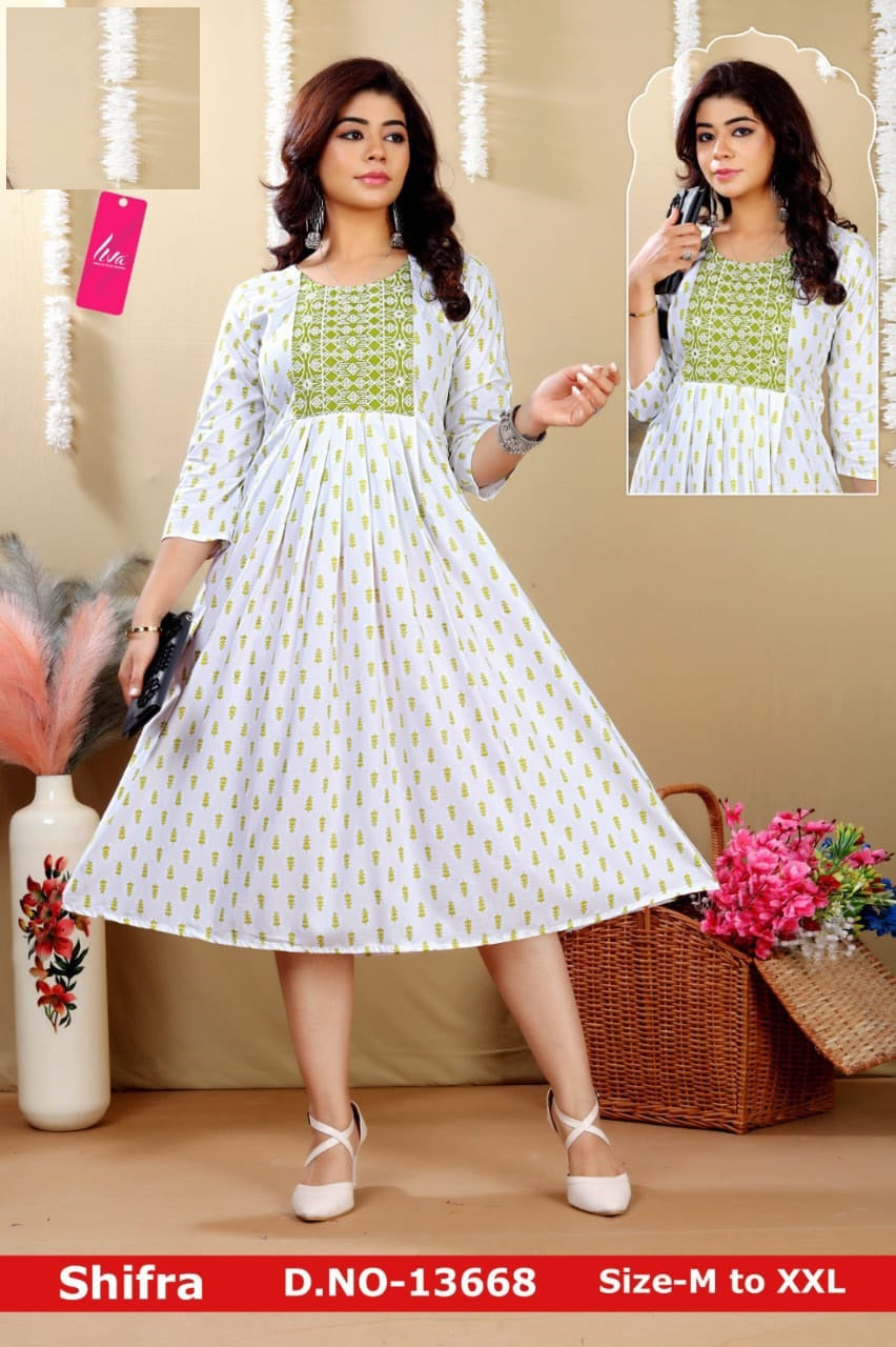 Shifra-White Jnx Rayon Anarkali Kurtis Exporter Gujarat