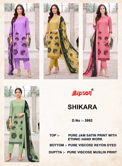 Shikara 4002-3992-4030-4032 Bipson Prints Jam Satin Pant Style Suits Wholesaler India