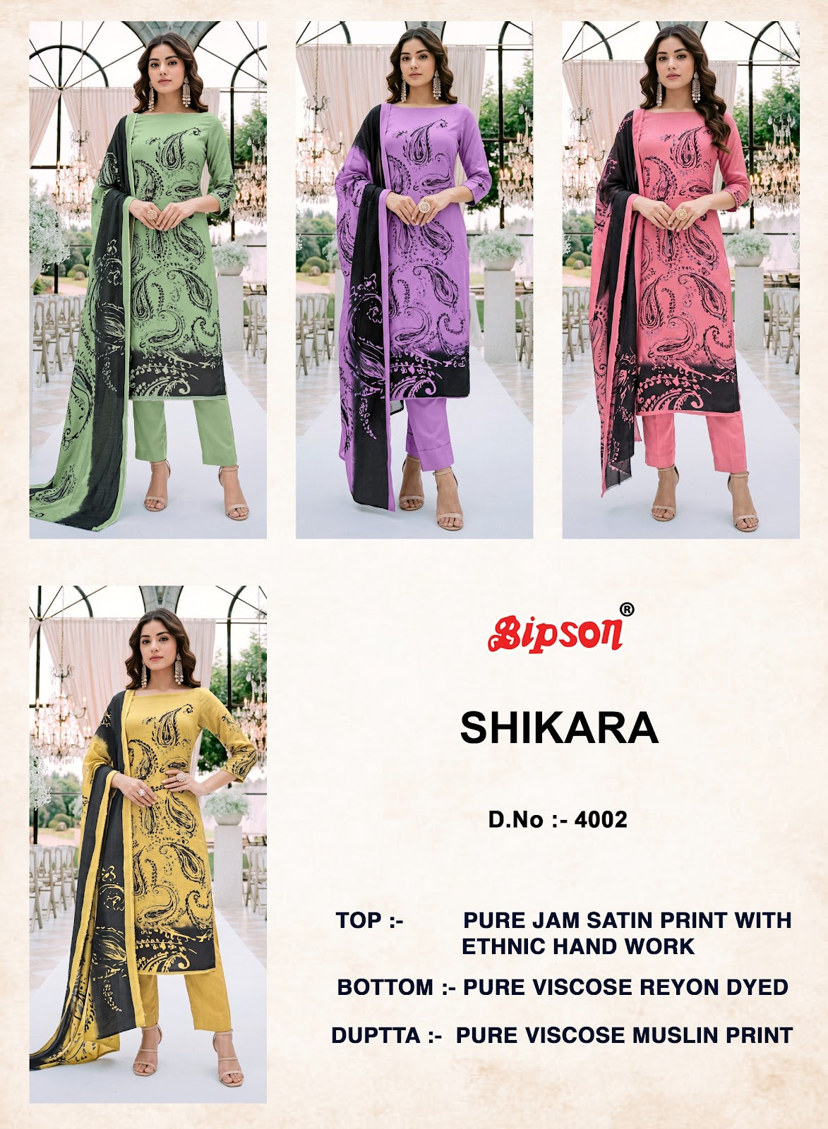 Shikara 4002-3992-4030-4032 Bipson Prints Jam Satin Pant Style Suits Wholesaler India