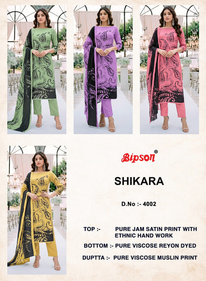 Shikara 4002-3992-4030-4032 Bipson Prints Jam Satin Pant Style Suits Wholesaler India