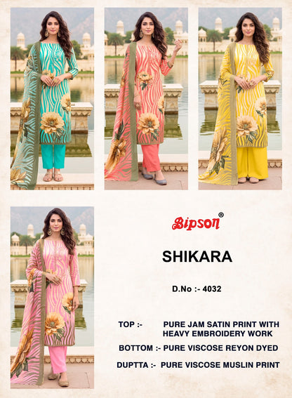 Shikara 4002-3992-4030-4032 Bipson Prints Jam Satin Pant Style Suits Wholesaler India