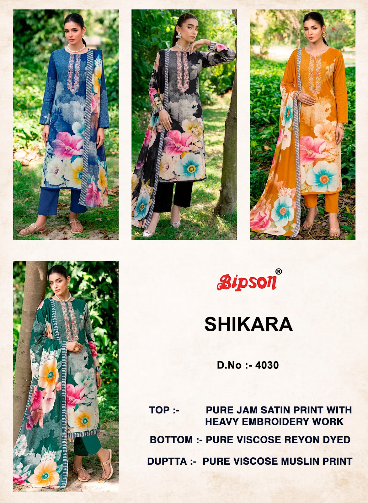 Shikara 4002-3992-4030-4032 Bipson Prints Jam Satin Pant Style Suits Wholesaler India