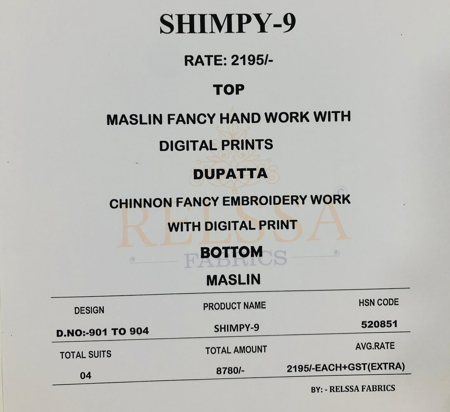 Shimpy 9 Relssa Fabrics Maslin Karachi Salwar Suits Supplier India