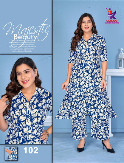 Shine Beauty 5 Mlm Kalash Lifestyle Rayon 17Kg Kurti Plazzo Set Exporter India