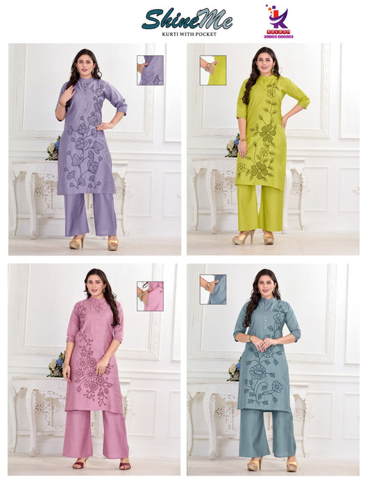 Shine Me Mlm Kalash Lifestyle Vertican Kurti Plazzo Set Wholesale Price