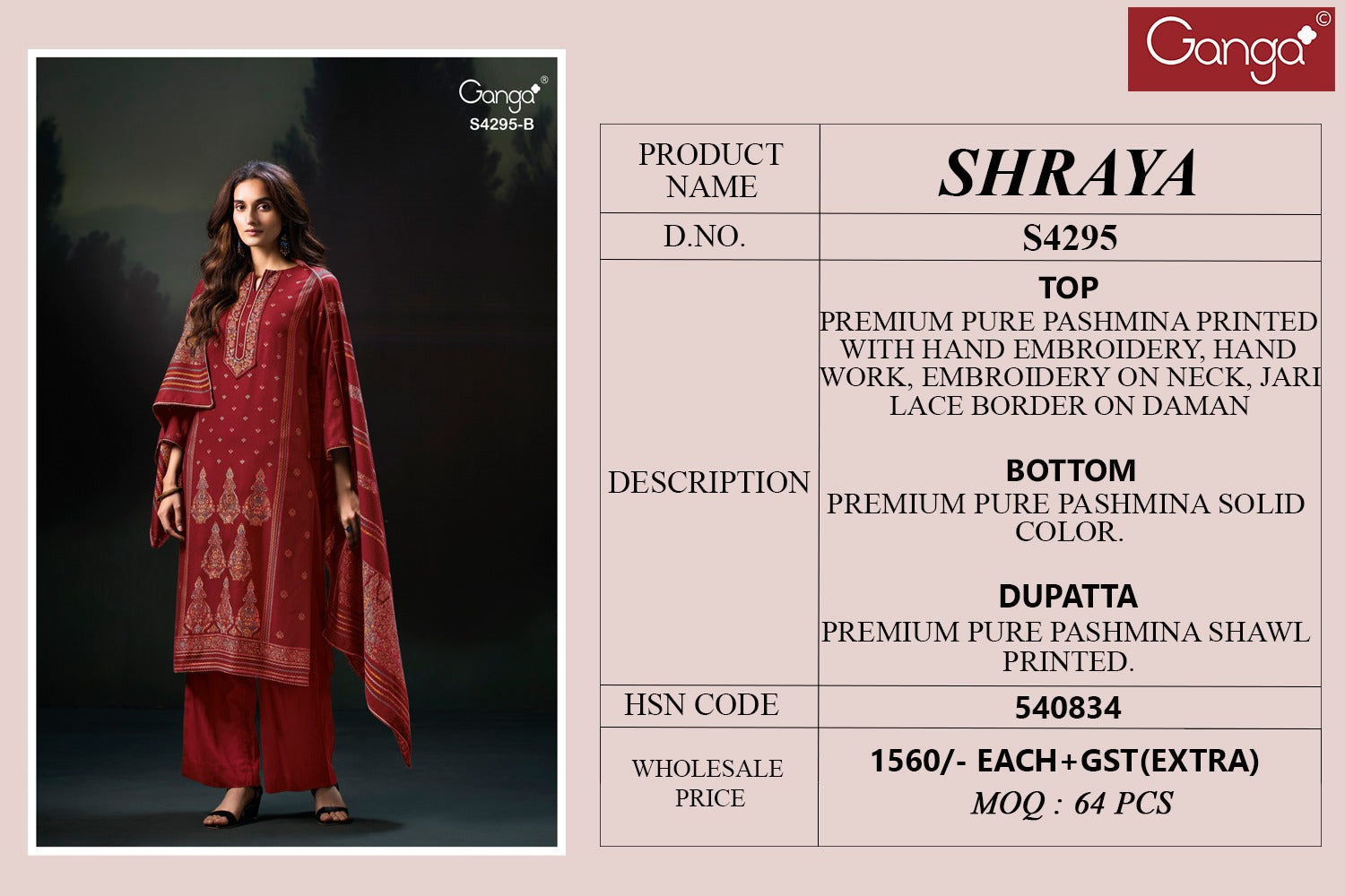 Shraya 4295 Ganga Pashmina Suits Wholesale Price