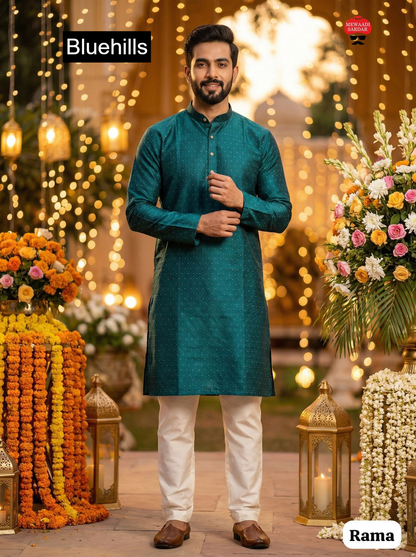 Shubh Bluehills Silk Jacquard Mens Kurta Pajama Wholesaler Ahmedabad