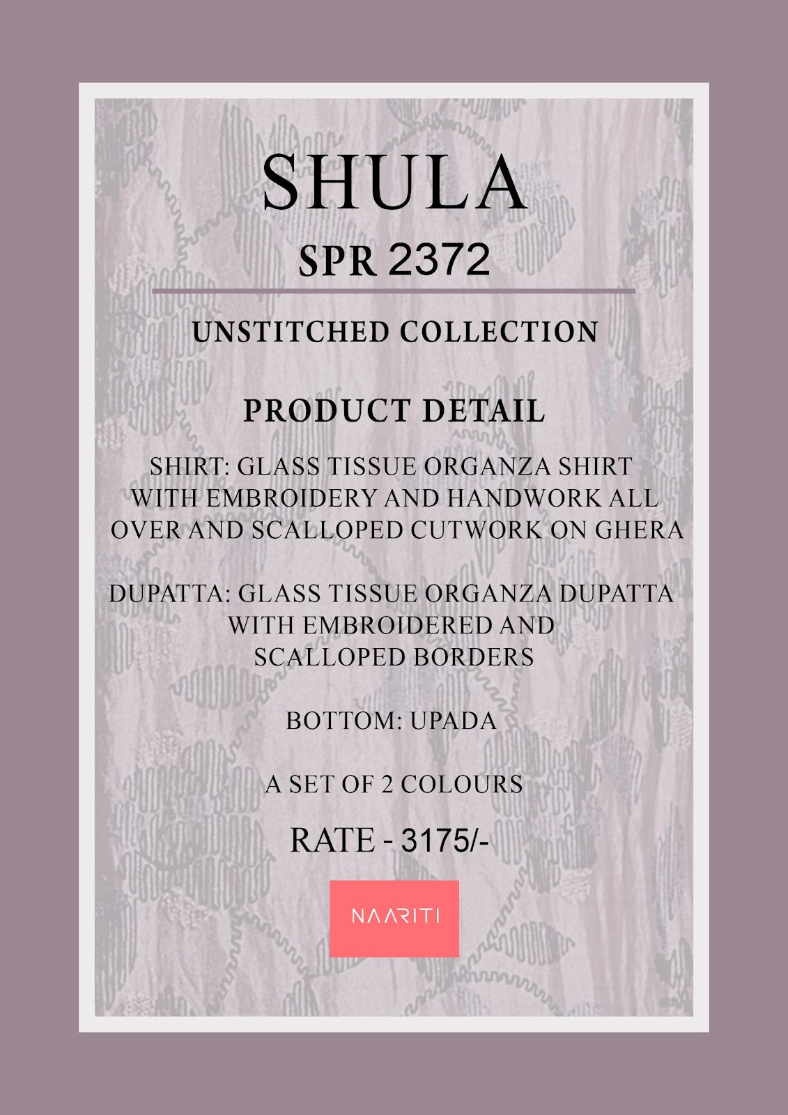 Shula Naariti Organza Pant Style Suits Wholesale