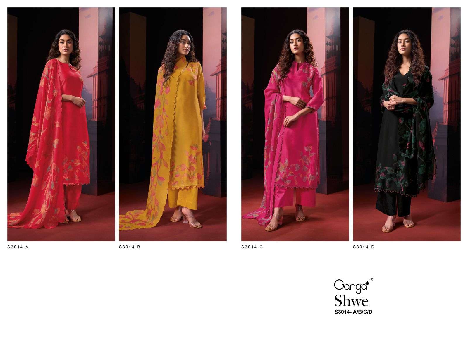Shwe S3014 Ganga Silk Organza Plazzo Style Suits Exporter Gujarat