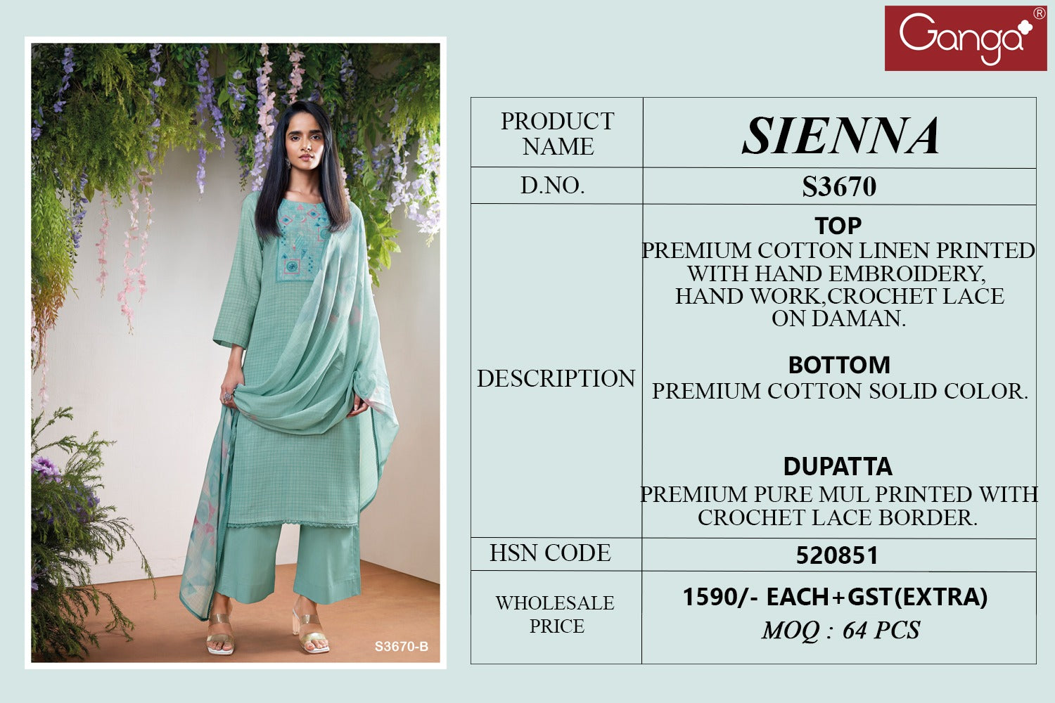 Sienna 3670 Ganga Cotton Linen Pant Style Suits Exporter India