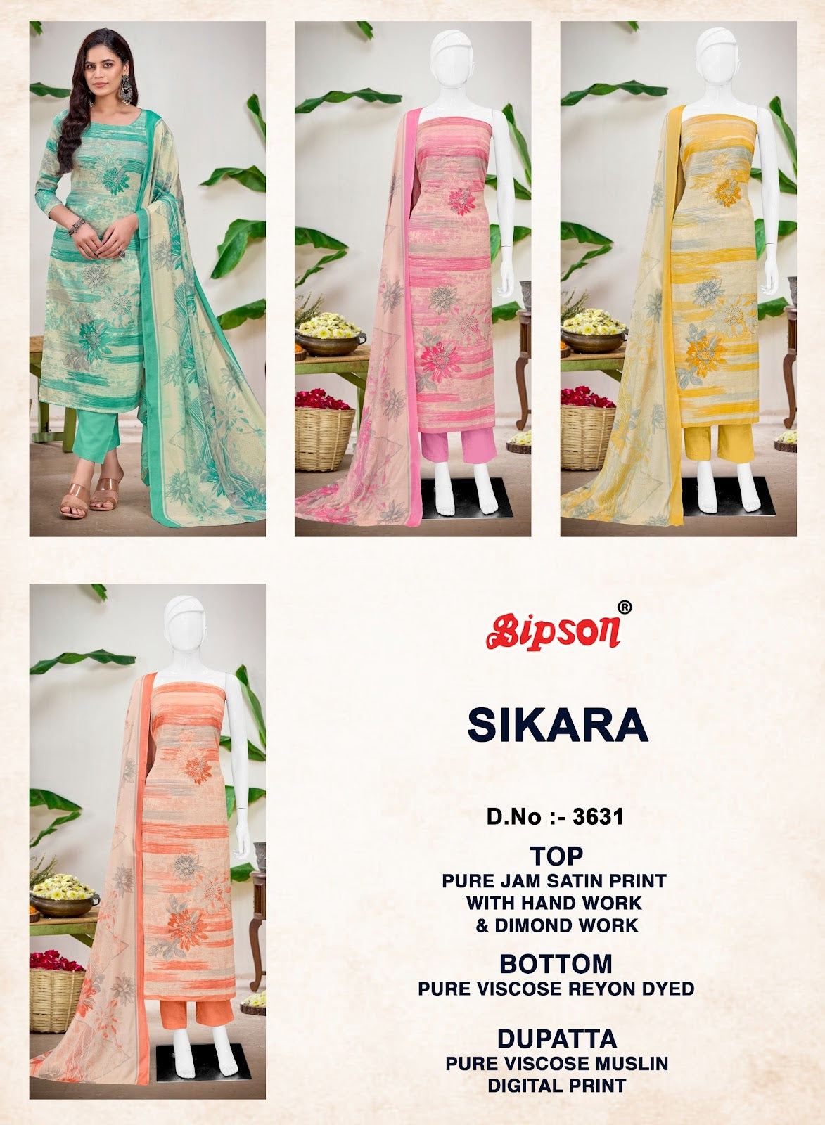Sikara 3631 Bipson Prints Jam Satin Salwar Suits Supplier Gujarat
