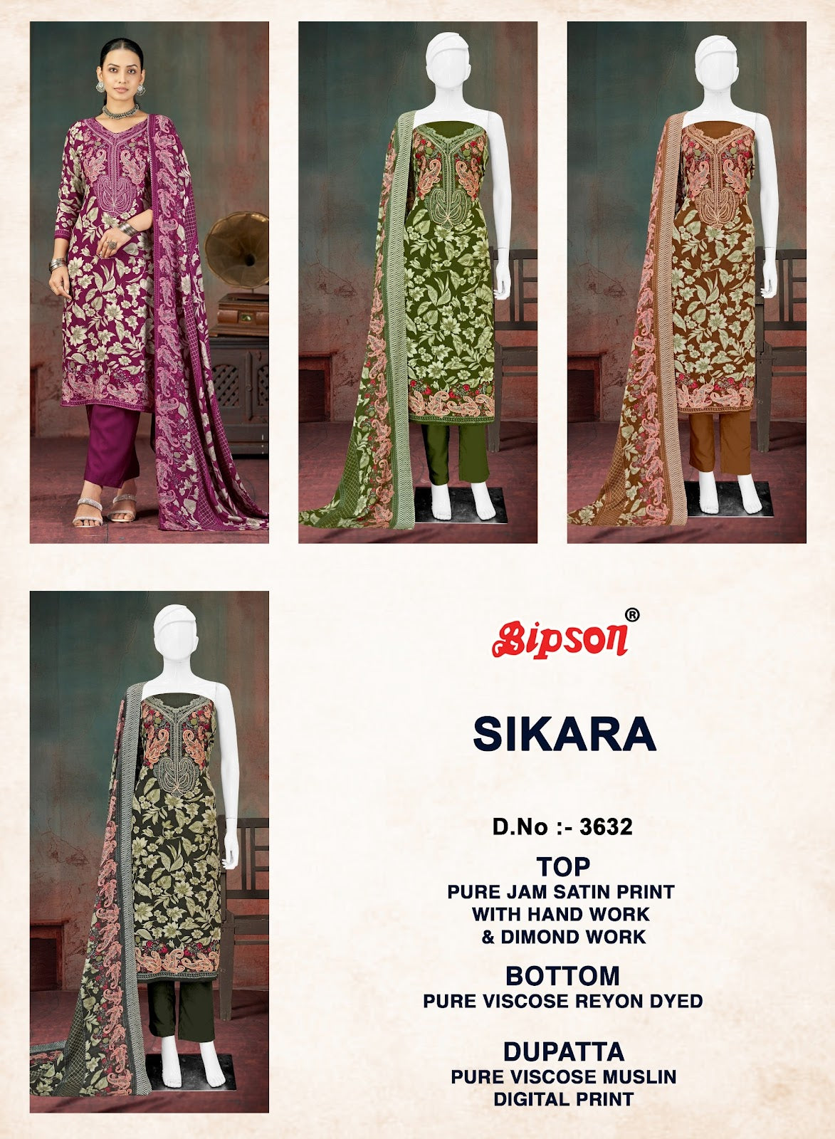 Sikara 3632 Bipson Prints Jam Satin Salwar Suits Exporter Gujarat