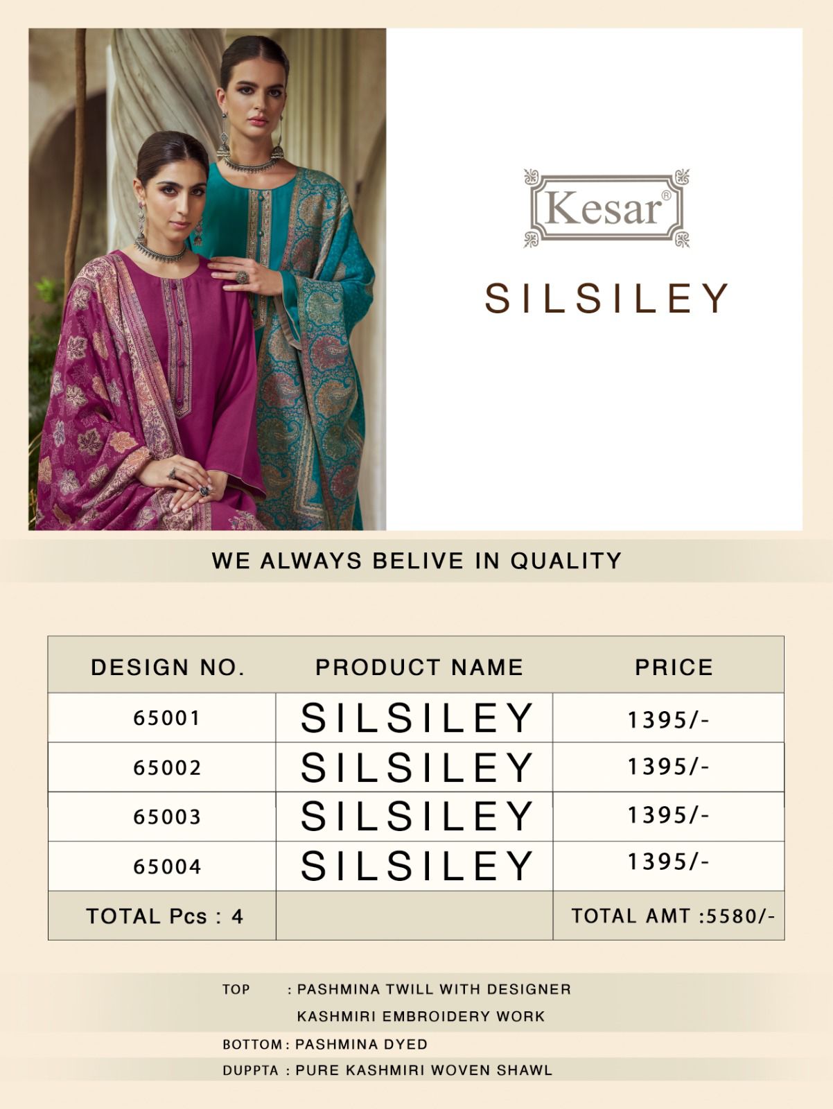 Silsiley Kesar Twill Pashmina Suits Wholesale Rate