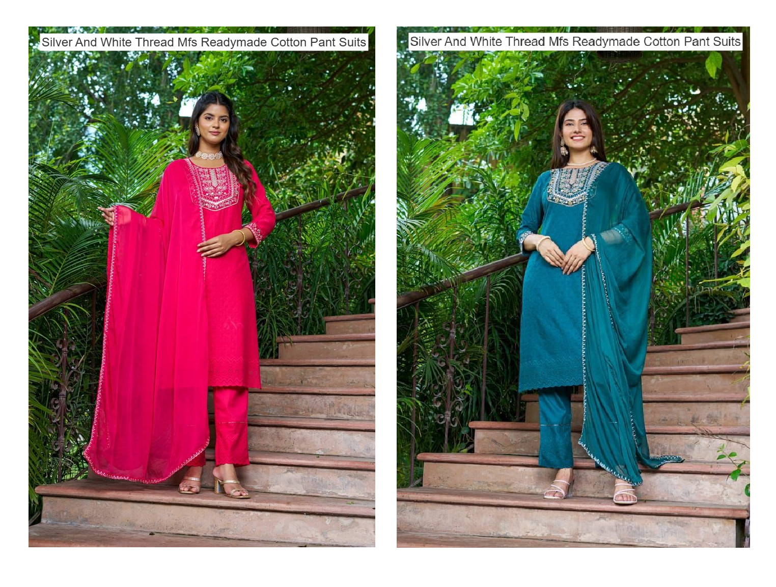 Silver And White Thread Mfs Readymade Cotton Pant Suits Manufacturer Gujarat