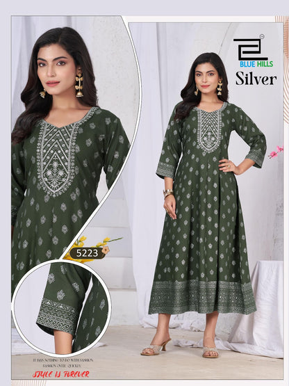 Silver Blue Hills Rayon 14Kg Anarkali Kurtis Wholesaler Ahmedabad