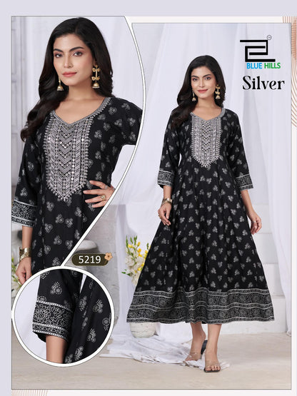 Silver Blue Hills Rayon 14Kg Anarkali Kurtis Wholesaler Ahmedabad