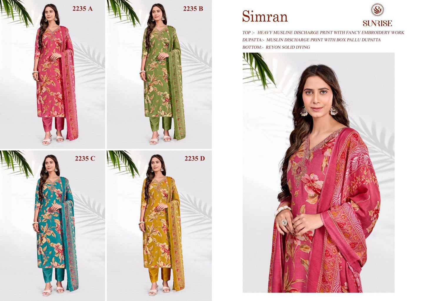 Simran 2234-2235 Sunrise Muslin Pant Style Suits Supplier Gujarat