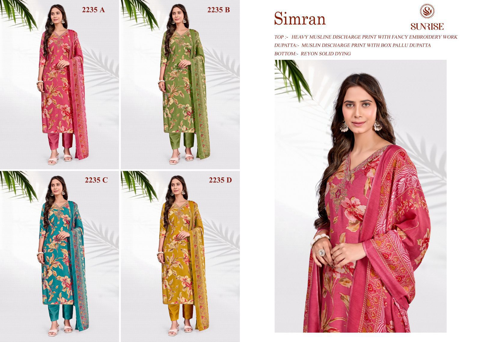 Simran 2234-2235 Sunrise Muslin Pant Style Suits Supplier Gujarat