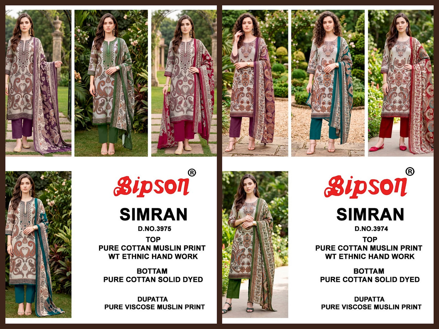 Simran 3974-3975 Bipson Prints Cotton Muslin Pant Style Suits Exporter India