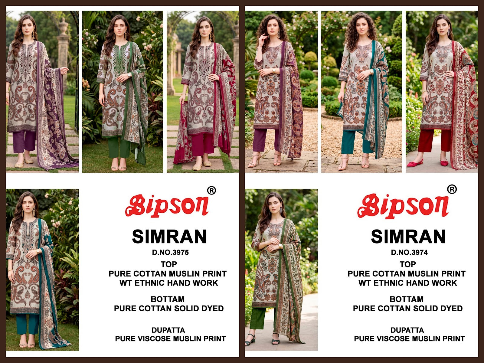 Simran 3974-3975 Bipson Prints Cotton Muslin Pant Style Suits Exporter India