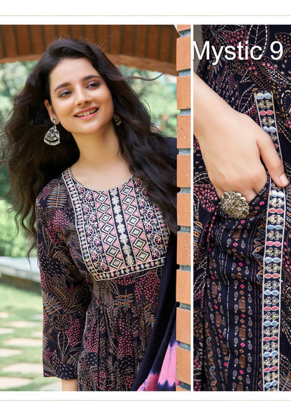 Simran Vol 5 Mystic 9 Heavy Rayon Readymade Pant Style Suits Wholesale Rate