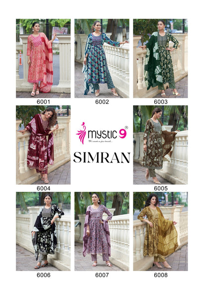 Simran Vol 6 Mystic 9 Heavy Reyon Readymade Pant Style Suits Wholesale Price