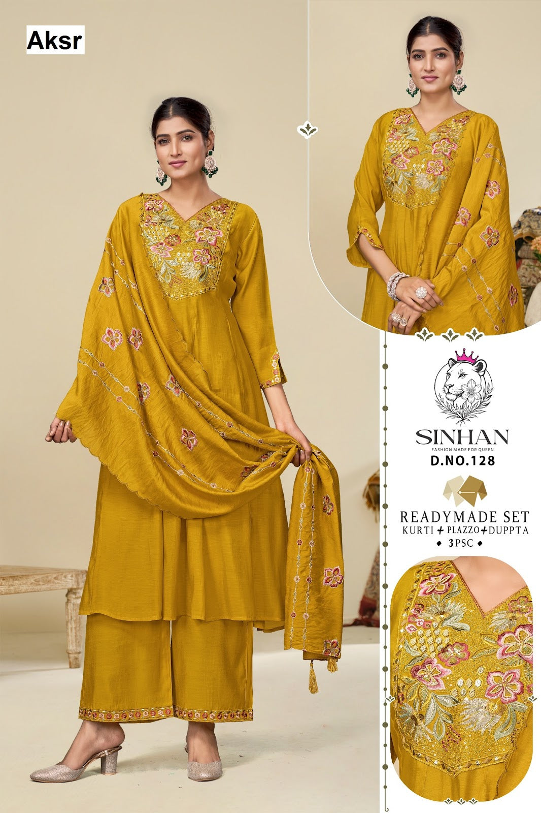 Sinhan 128 Aksr Mul Chanderi Readymade Plazzo Style Suits Wholesaler