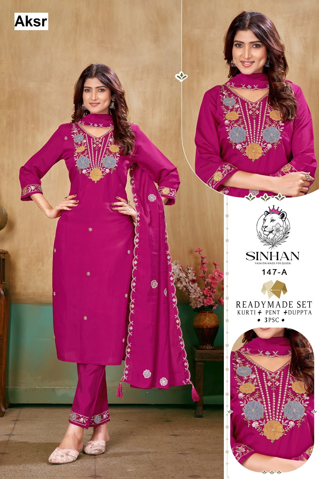 Sinhan 147 Aksr Roman Silk Readymade Pant Style Suits Supplier Gujarat
