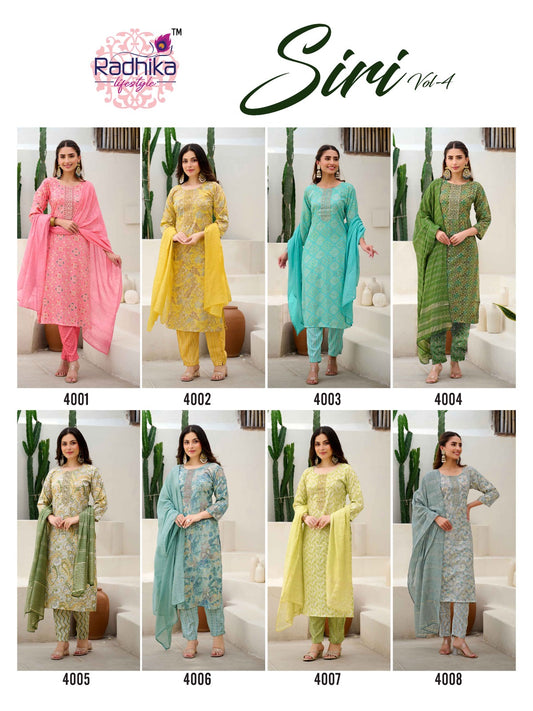 Siri Vol 4 Radhika Lifestyle Rayon Capsule Readymade Pant Style Suits Wholesaler