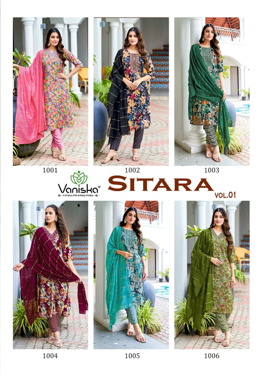 Sitara Vol 1 Vaniska Colour Pix Rayon 14Kg Readymade Pant Style Suits Manufacturer Ahmedabad