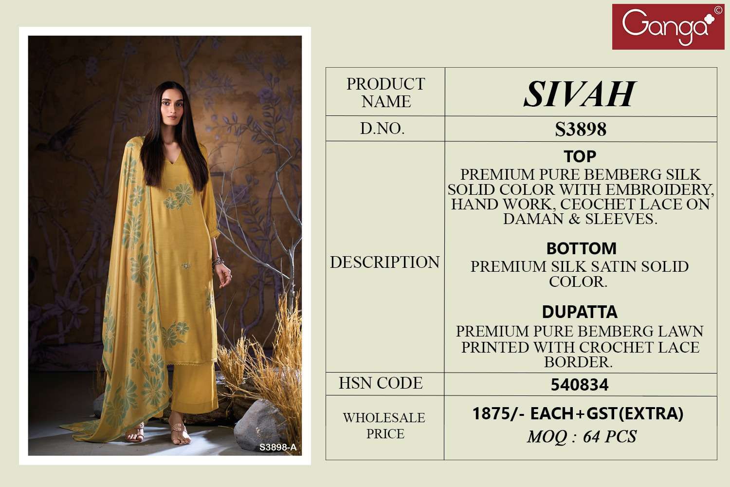 Sivah 3898 Ganga Premium Bemberg Plazzo Style Suits Wholesaler Gujarat