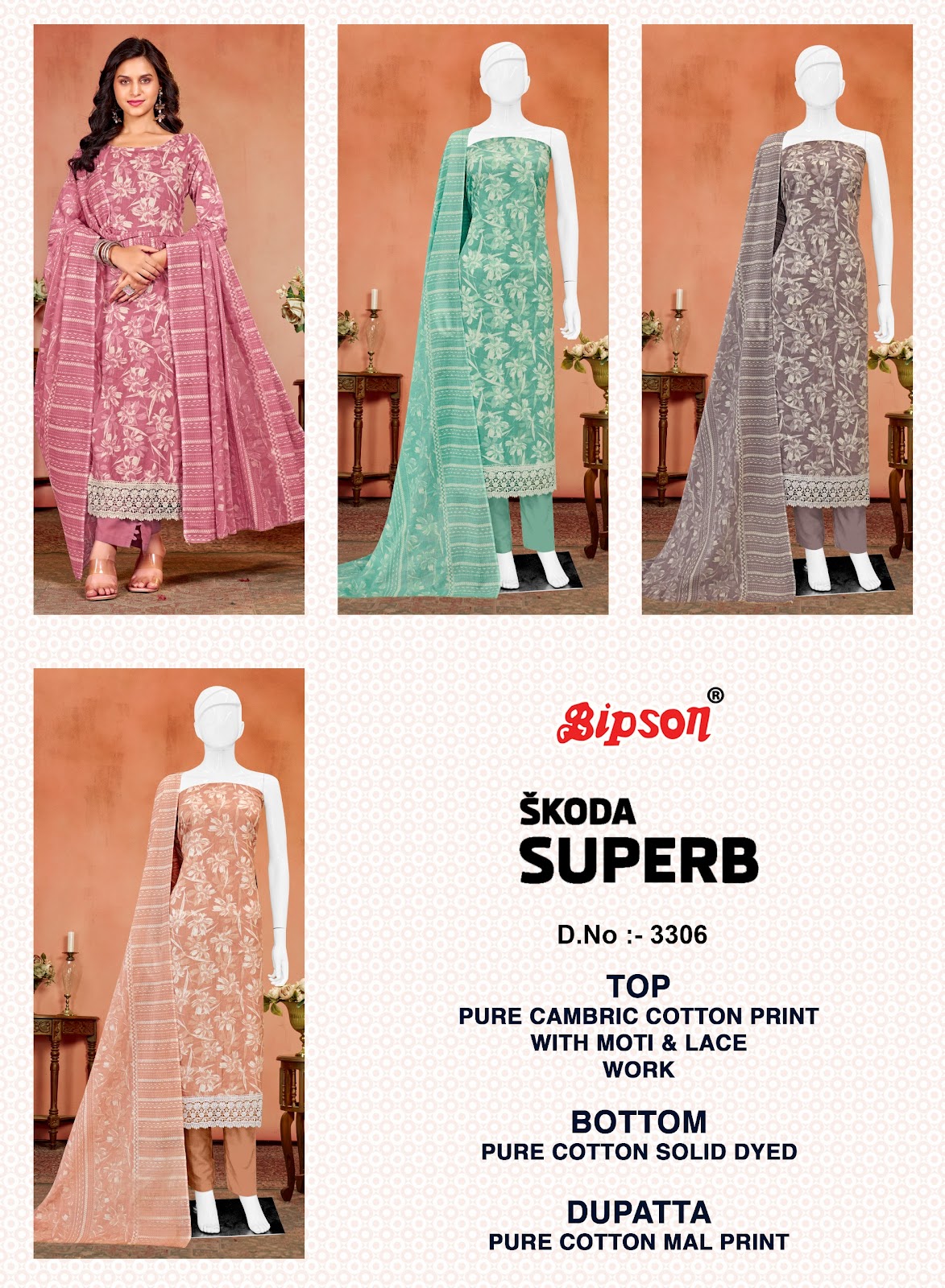 Skoda Superb 3306 Bipson Prints Cambric Cotton Pant Style Suits Wholesaler India