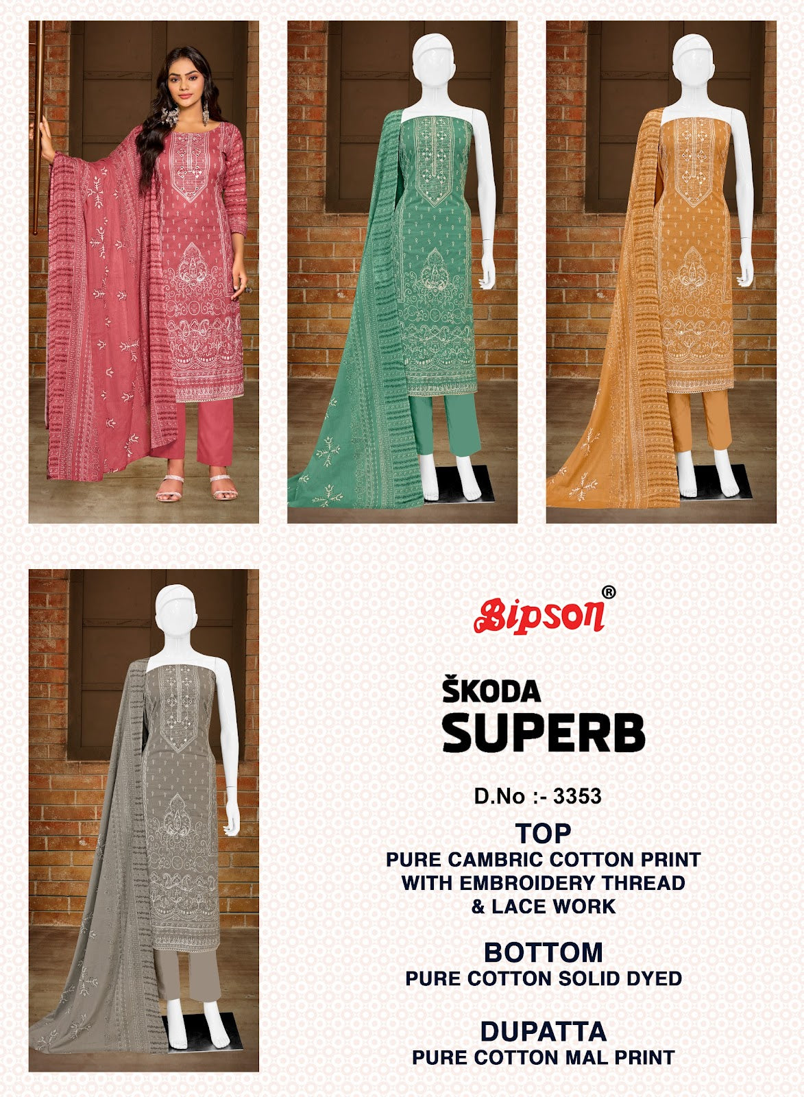 Skoda Superb 3353 Bipson Prints Cambric Cotton Pant Style Suits Wholesaler