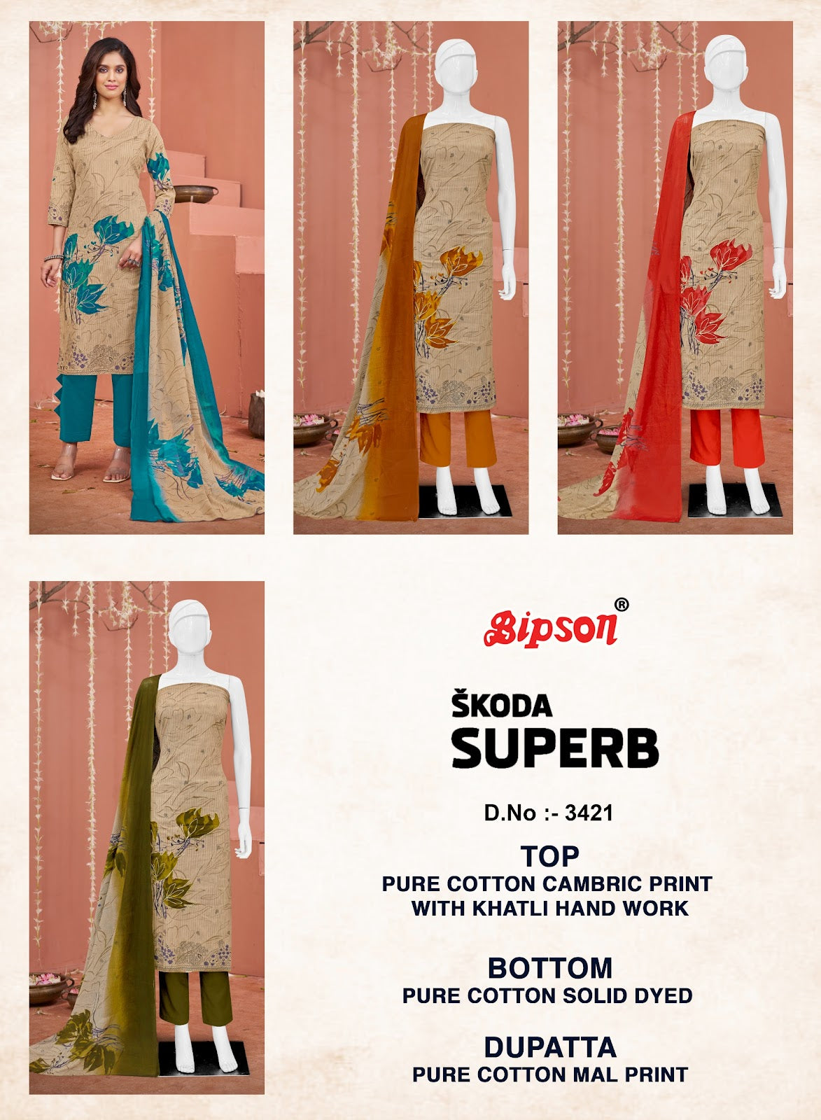 Skoda Superb 3421 Bipson Prints Cotton Cambric Pant Style Suits Wholesaler Gujarat
