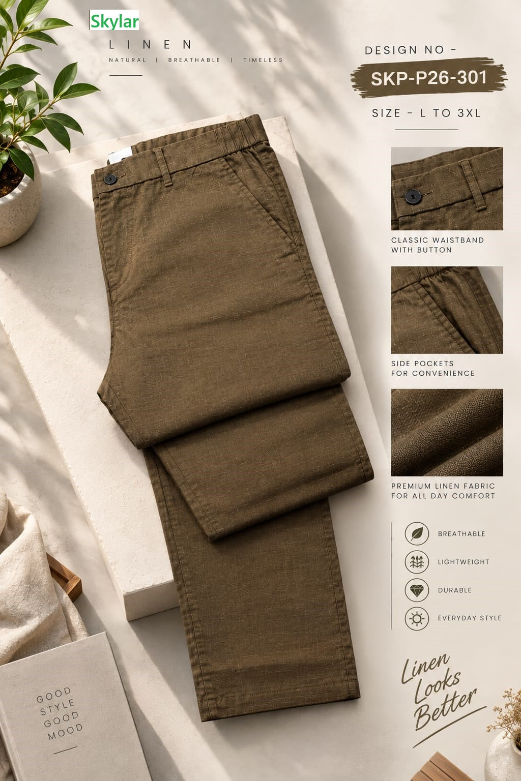 Skp-P26-301 Skylar Linen Mens Pants Wholesale Price