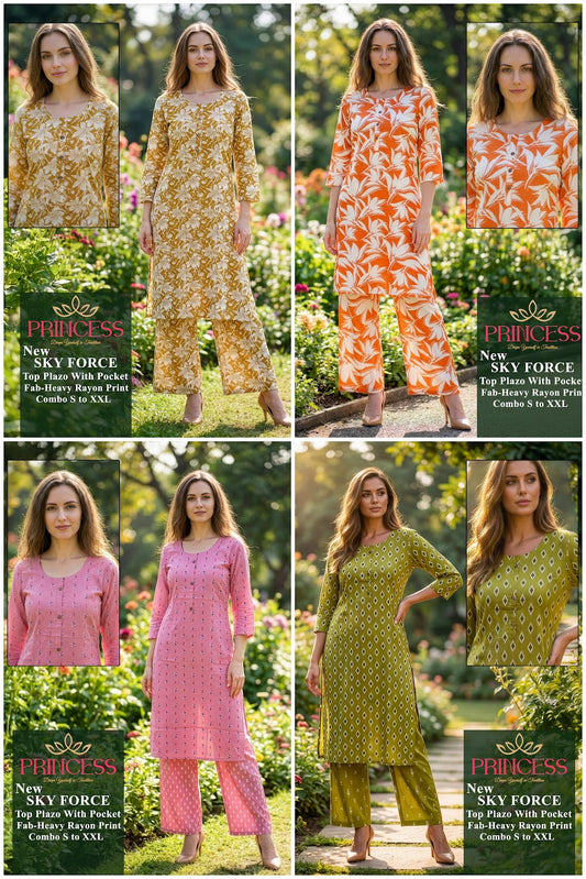 Sky Force Princess Creation Rayon Kurti Plazzo Set Wholesaler Gujarat