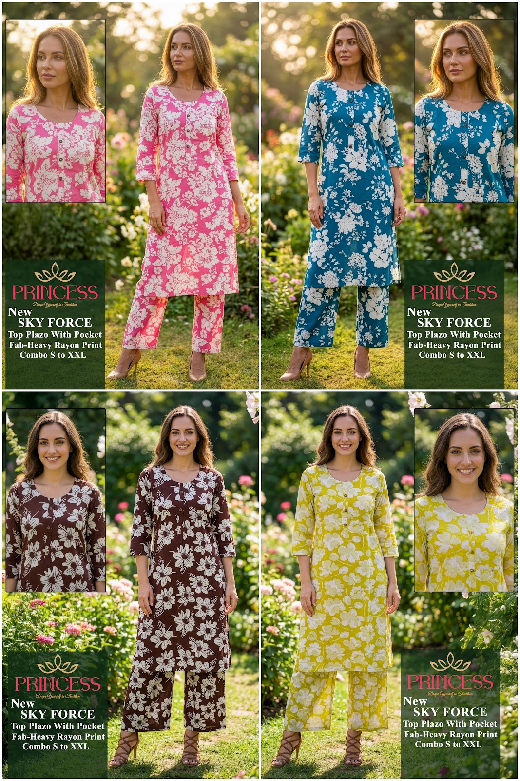 Sky Force Princess Creation Rayon Kurti Plazzo Set Wholesaler Gujarat
