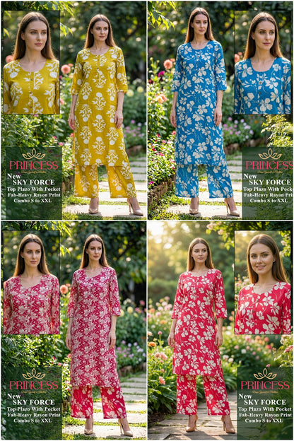 Sky Force Princess Creation Rayon Kurti Plazzo Set Wholesaler Gujarat