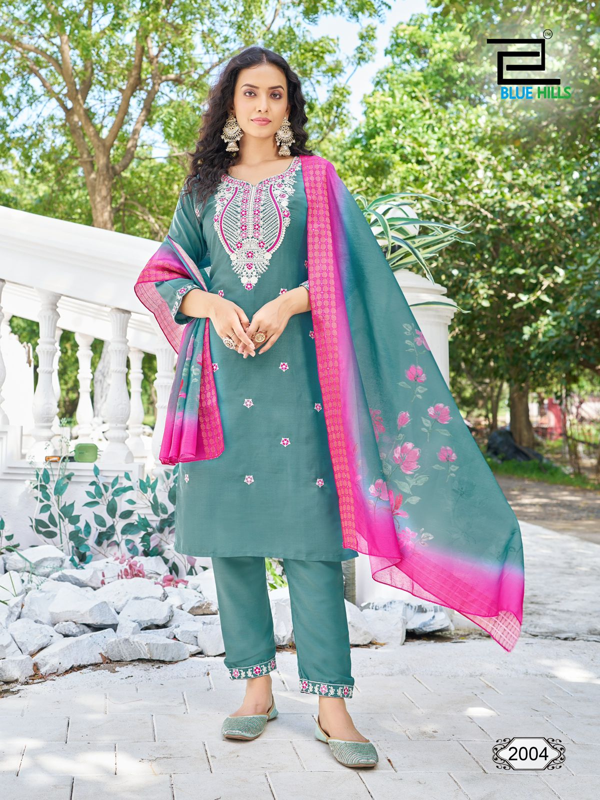 Skyline Vol 20 Blue Hills Chinon Silk Readymade Pant Style Suits Wholesale Rate