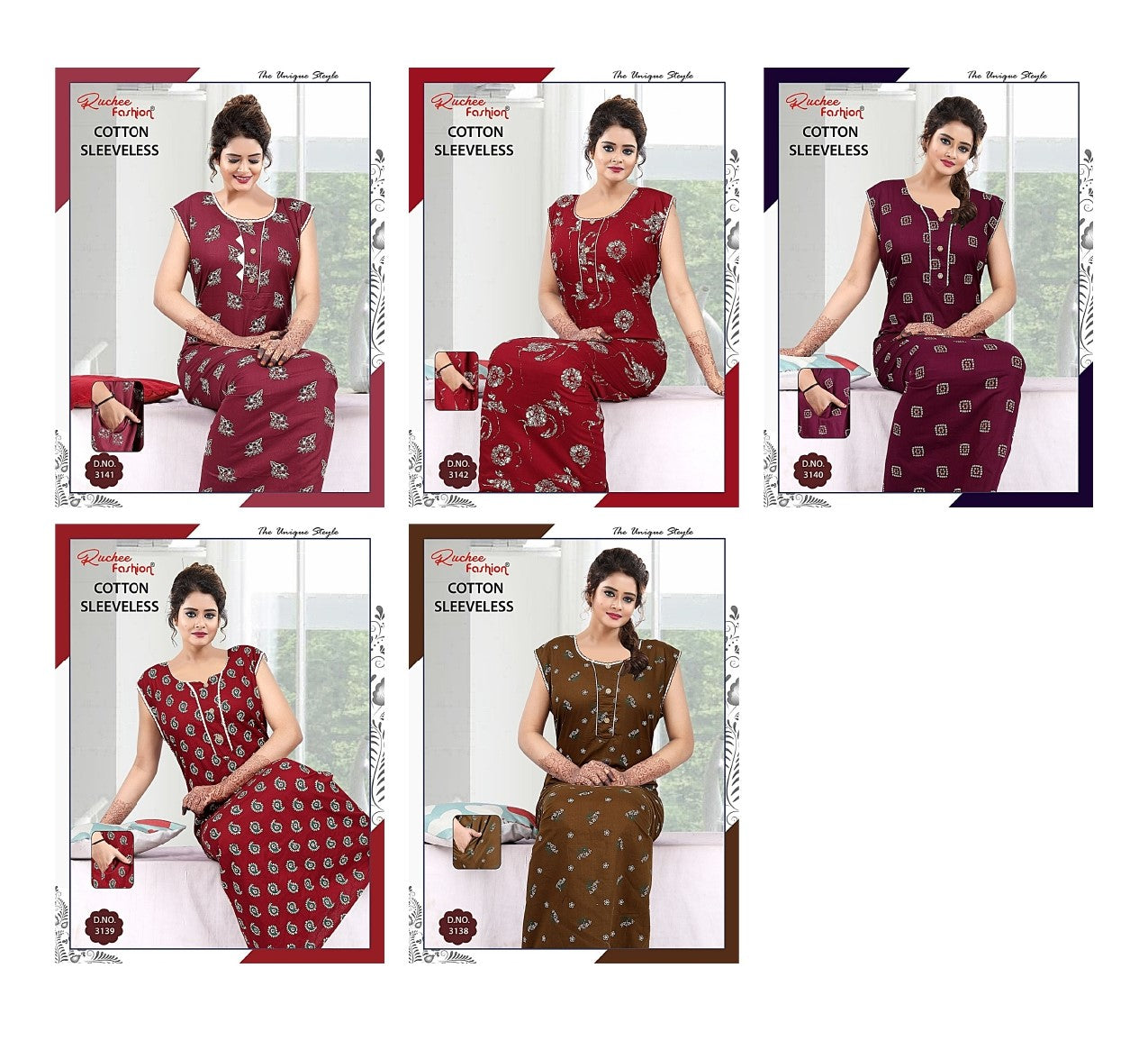Sleeveless 1705 Ruchee Fashion Cotton Night Gowns Exporter