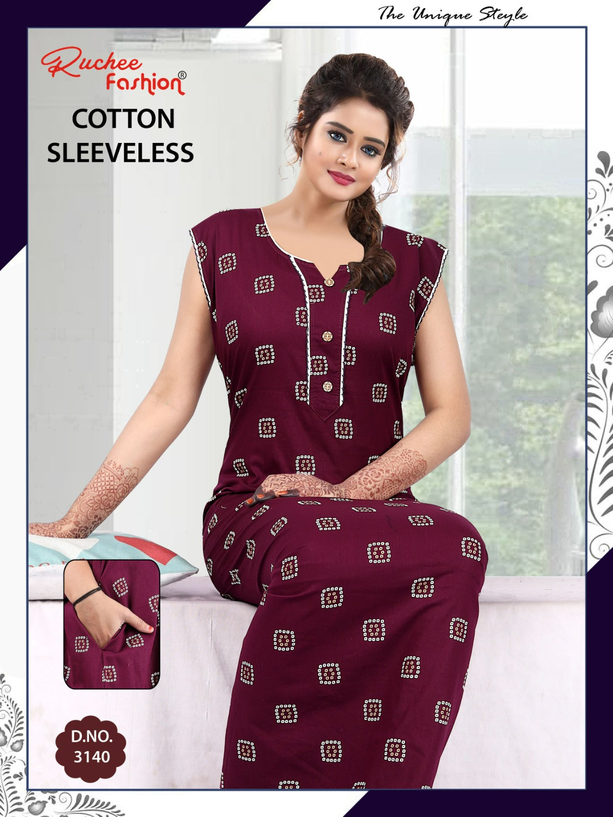 Sleeveless 1705 Ruchee Fashion Cotton Night Gowns Exporter