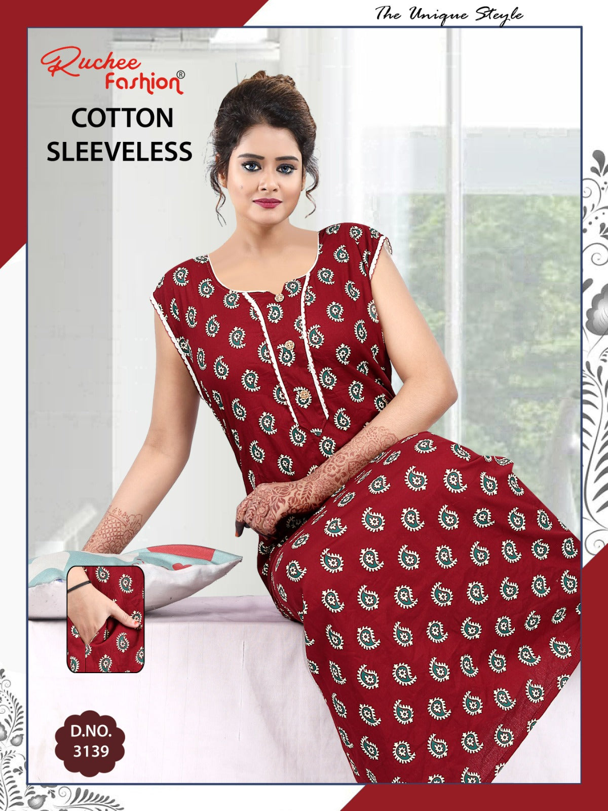 Sleeveless 1705 Ruchee Fashion Cotton Night Gowns Exporter