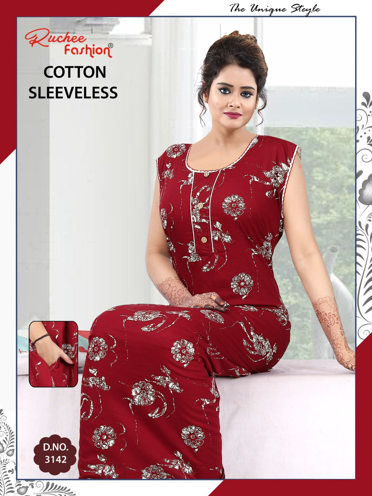Sleeveless 1705 Ruchee Fashion Cotton Night Gowns Exporter
