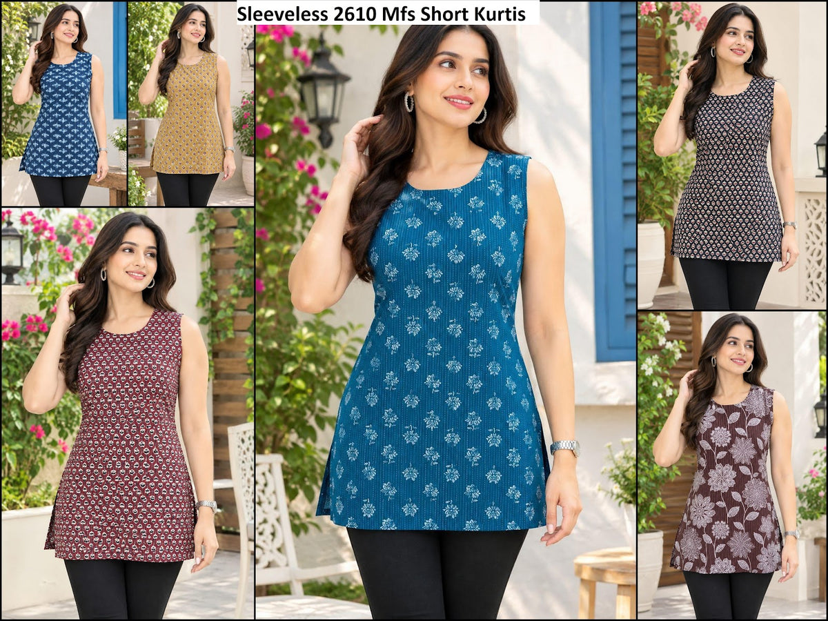 Sleeveless 2610 Mfs Cotton Short Kurtis Exporter