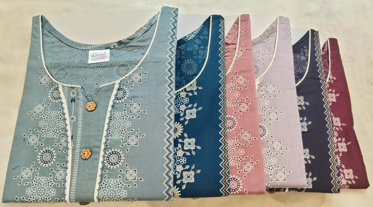 Sleeveless Pattern Ruchee Fashion Cotton Night Gowns Manufacturer