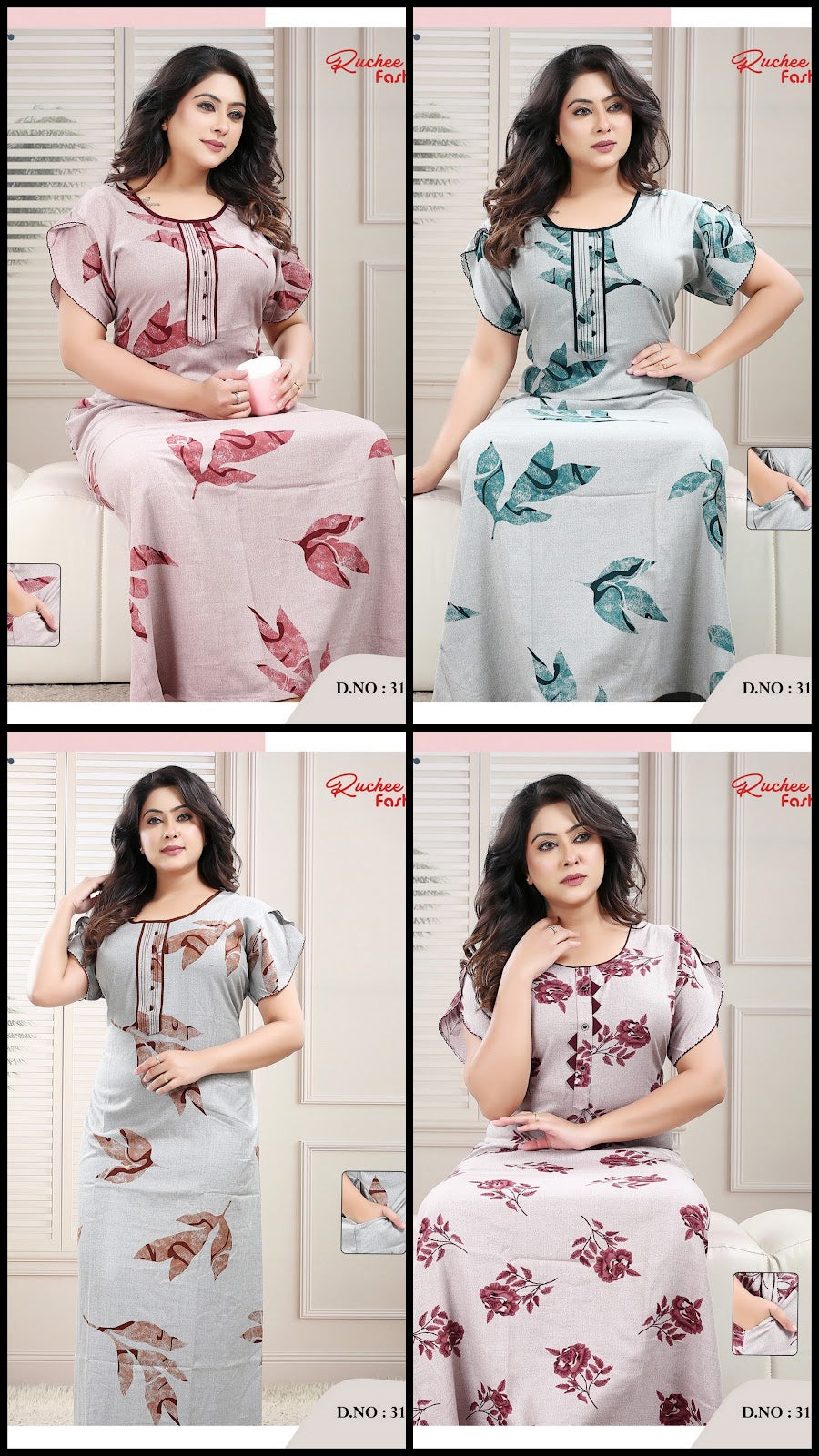 Sleeves Design 0203 Ruchee Fashion Alpine Night Gowns Wholesale