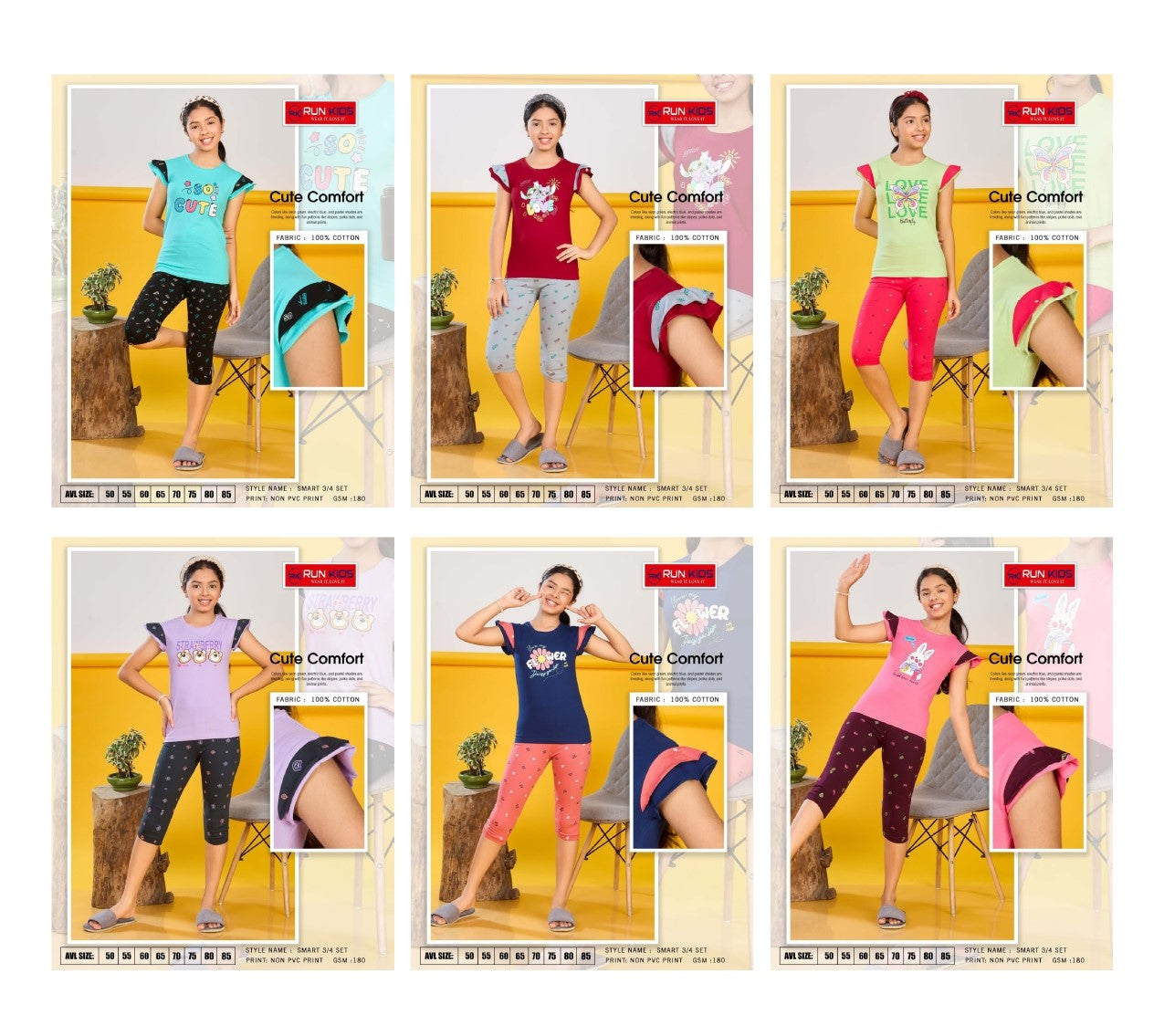 Smart Girls Run Kids Cotton Biowashed Girls Capri Night Suits Supplier Ahmedabad