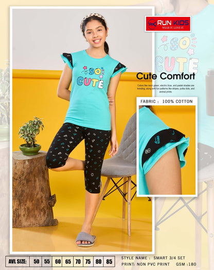 Smart Girls Run Kids Cotton Biowashed Girls Capri Night Suits Supplier Ahmedabad
